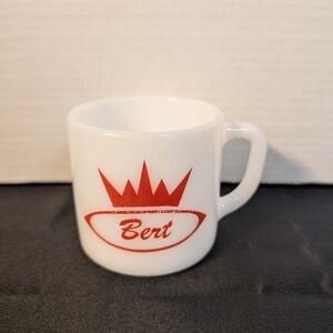Vintage 60'S Firestone Milk Glass White Red Crown Name Mug  Bert